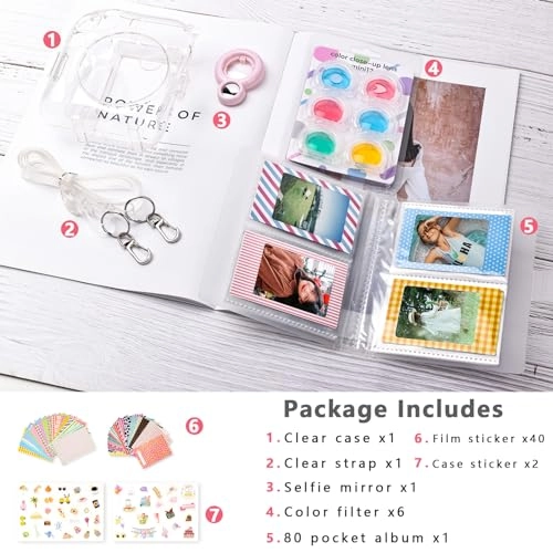 Clear Case - with Strap + Mini Photo Album - 80 Photos + Selfie Mirror + DIY Stickers - x2 + Color Filter - x4