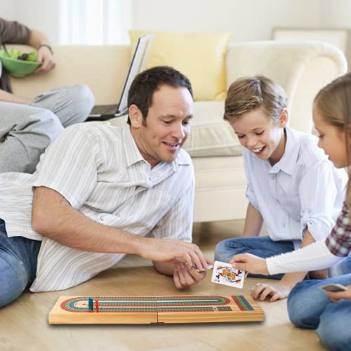 Three-Track Cribbage Board - Multi-Color Wooden 2 Deck Playing Cards