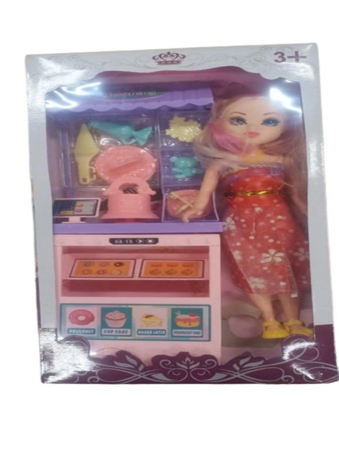 Plastic Doll with Cake Cart Toy
