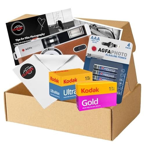 35mm Reusable Film Camera + Ultramax 400 - 36exp + Gold 200 - 36exp + Battery - AAA + Lens Cloth - Black + Photography Tips Card