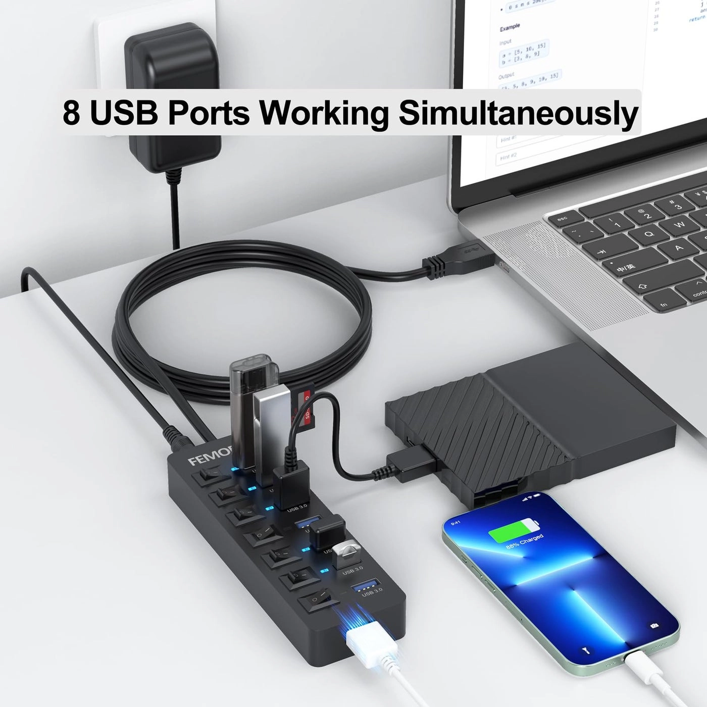 Powered USB Hub 3.0 - 5Gbps 7 Ports 12W Charging