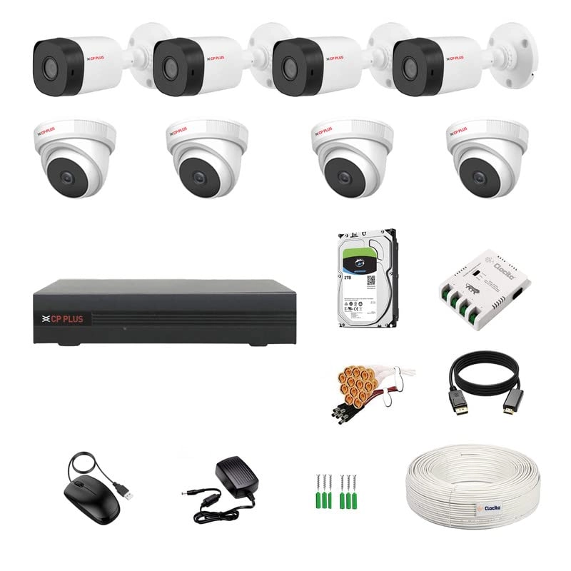 CP Plus 8 Channel DVR + 2.4MP Dome & Bullet Camera + 2TB HDD + CCTV Coaxial Cable Roll + 8 CH Power Supply + BNC & DC Connectors Kit