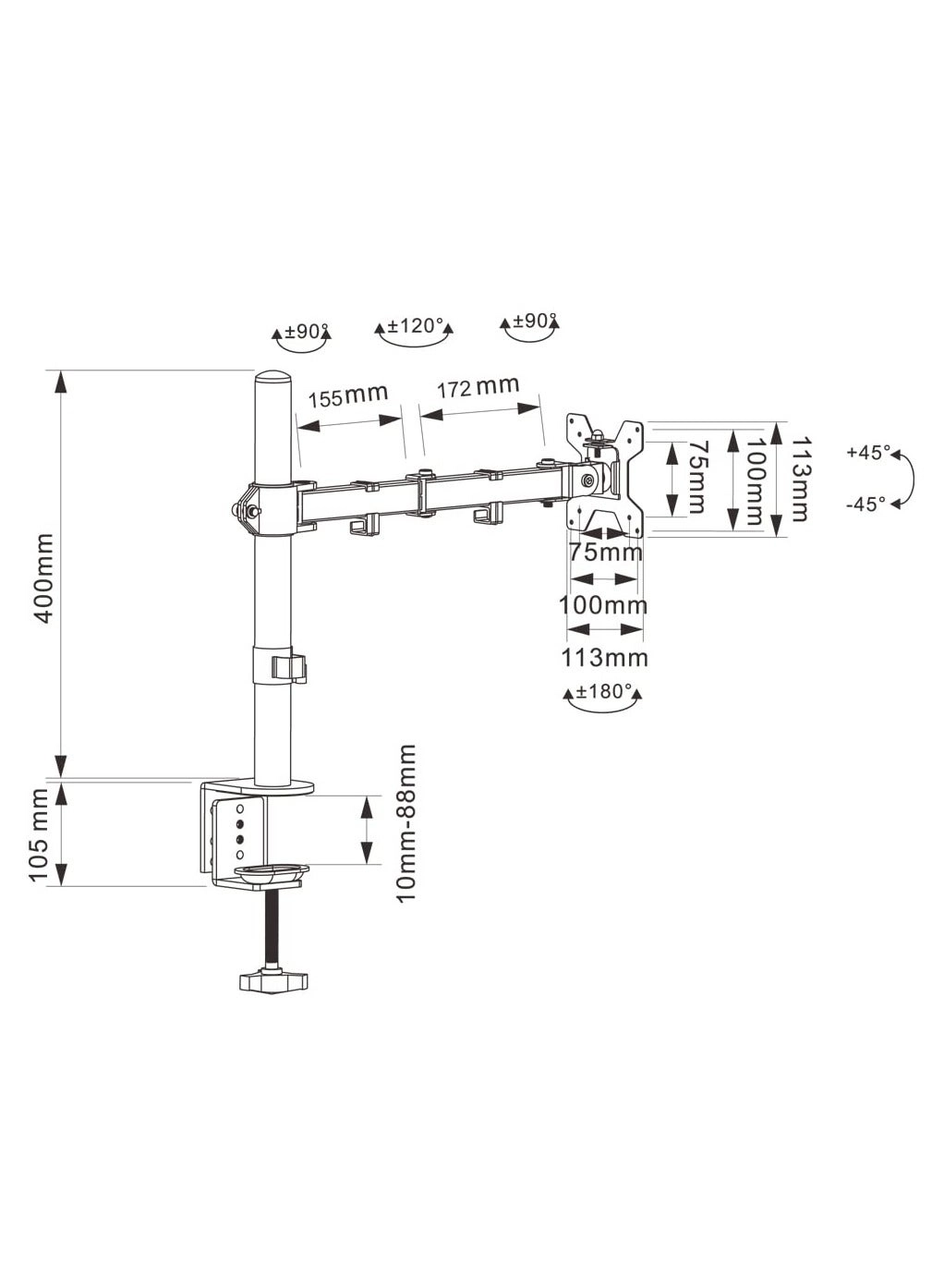 Monitor Mount Arm - Single 20 to 32 inches 75x75mm and 100x100mm