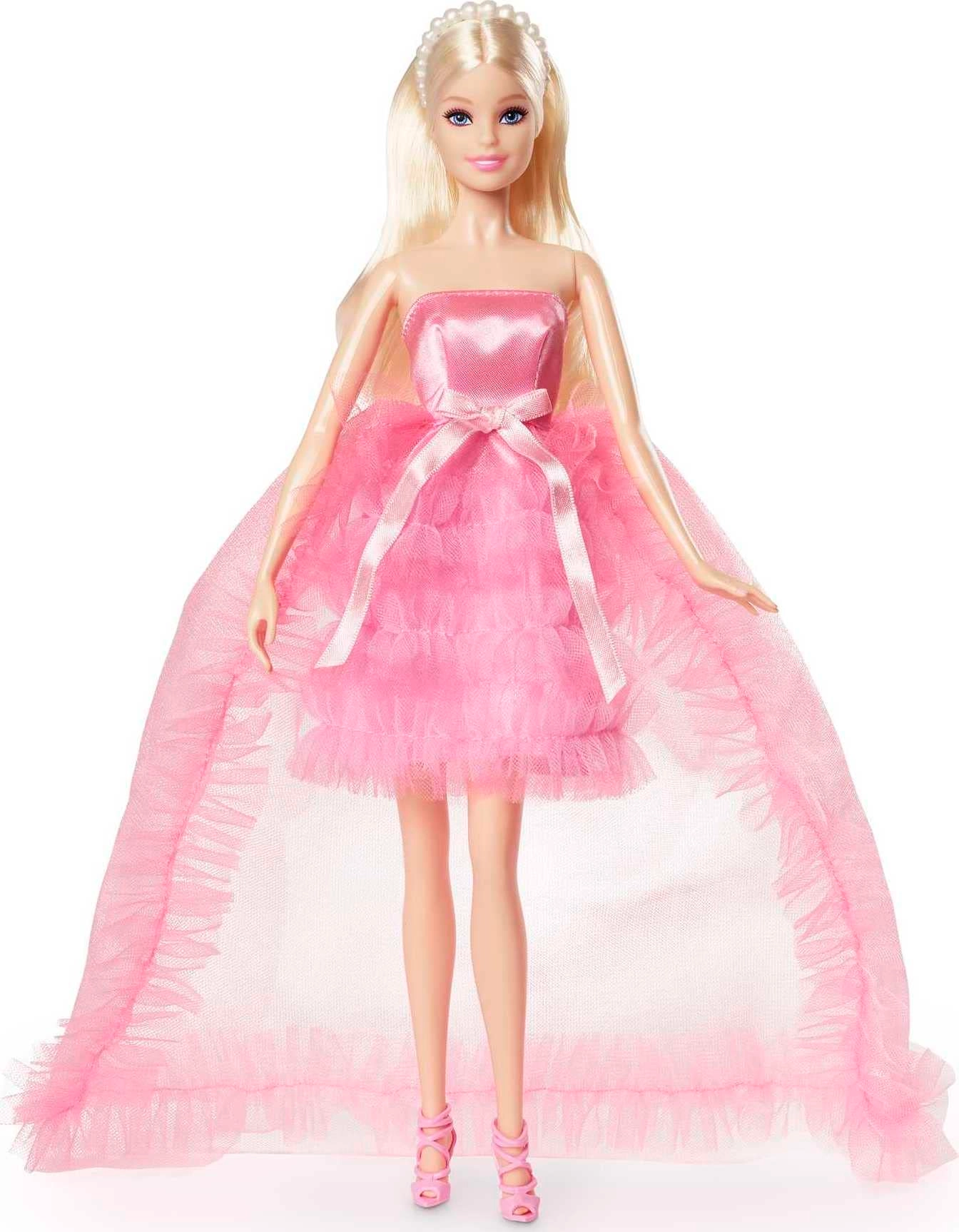 Barbie Birthday Wishes - Blonde Hair Pink Satin and Tulle Dress
