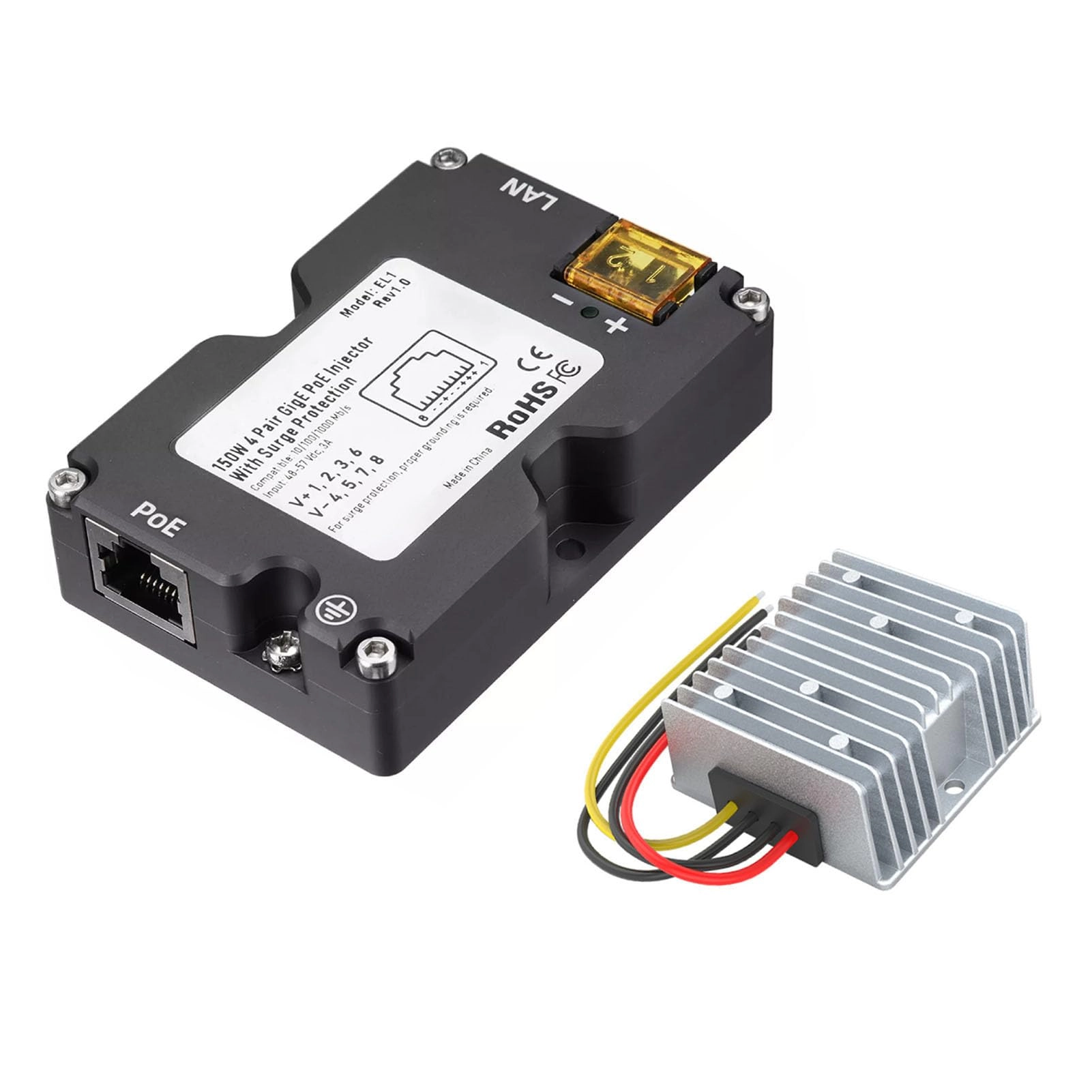 VELATEMOR GigE PoE Injector - 150W 1000Mbps + DC Step Up Converter - 12V to 48V 144W