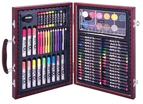 Wood Art Set - 82 Piece 32 crayons, 12 broad line markers, 12 color pencils, 12 watercolor cakes, 10 oil pastels, portable wood case, mixing palette