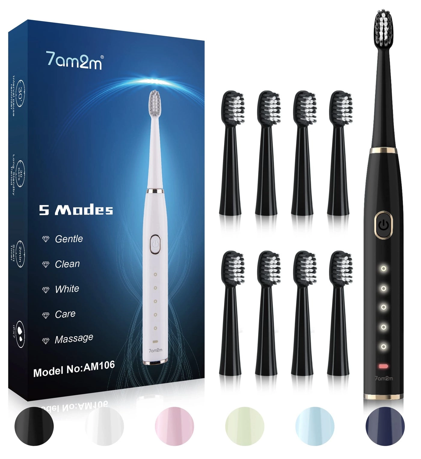 Sonic Electric Toothbrush - 8 Heads 5 Modes Midnight Black