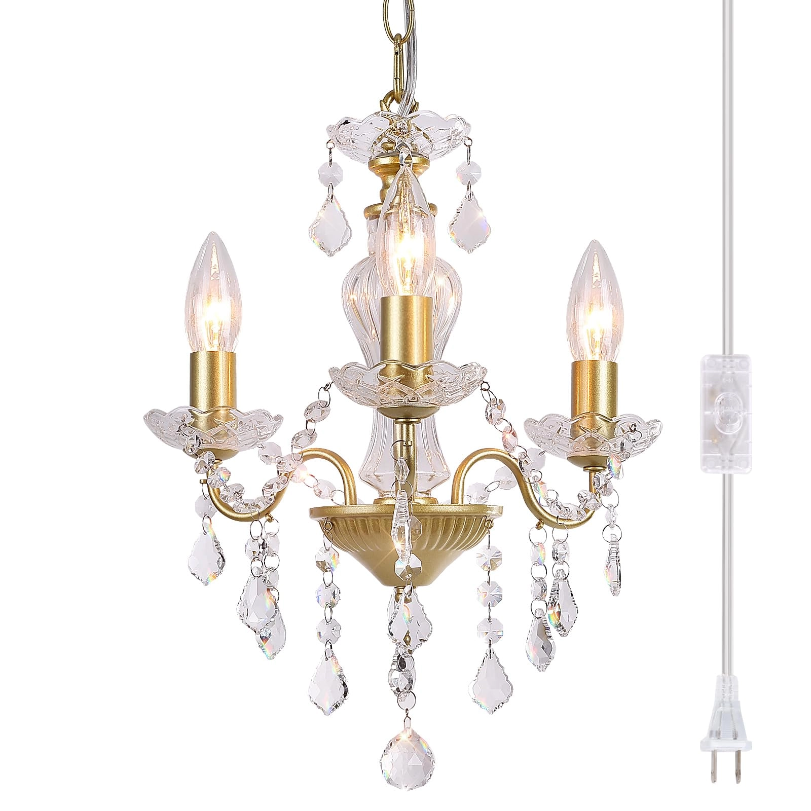 Chanlited Plug in Modern 3-Light Chandelier - Gold Glass Crystals