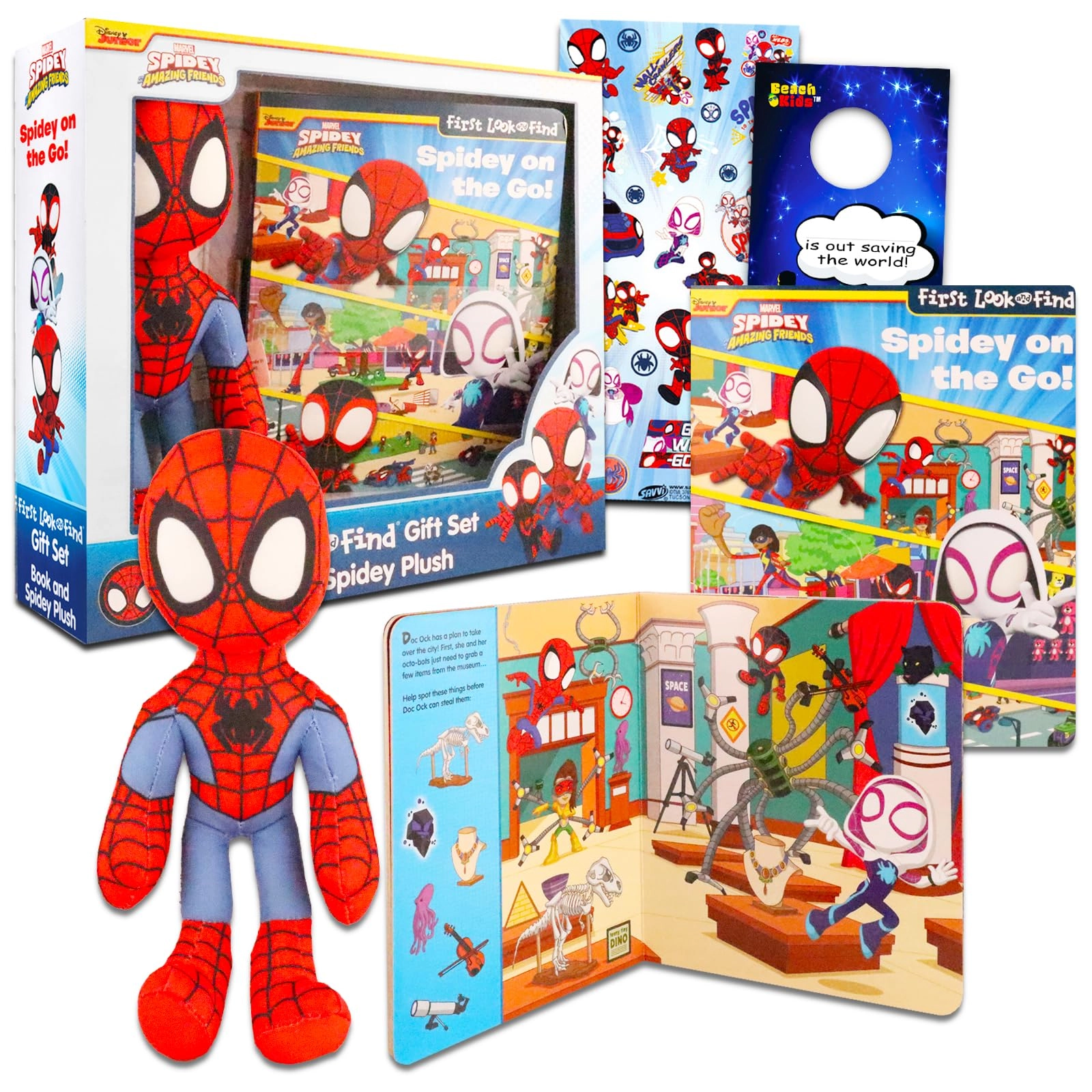 Marvel Spidey and His Amazing Friends Toy Figure + Spiderman Look and Find Book + Spiderman Plush Toy + Interactive Hide and Seek Activity Book + Stickers