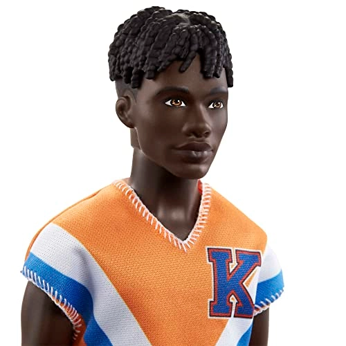 Ken Fashion Doll - Twisted Black Hair Orange Athletic Jersey Ages 3+