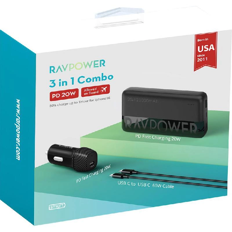 RAVPower 3-Port Power Bank - 20000mAh 20W + Car Charger - 20W + USB-C to USB-C Cable