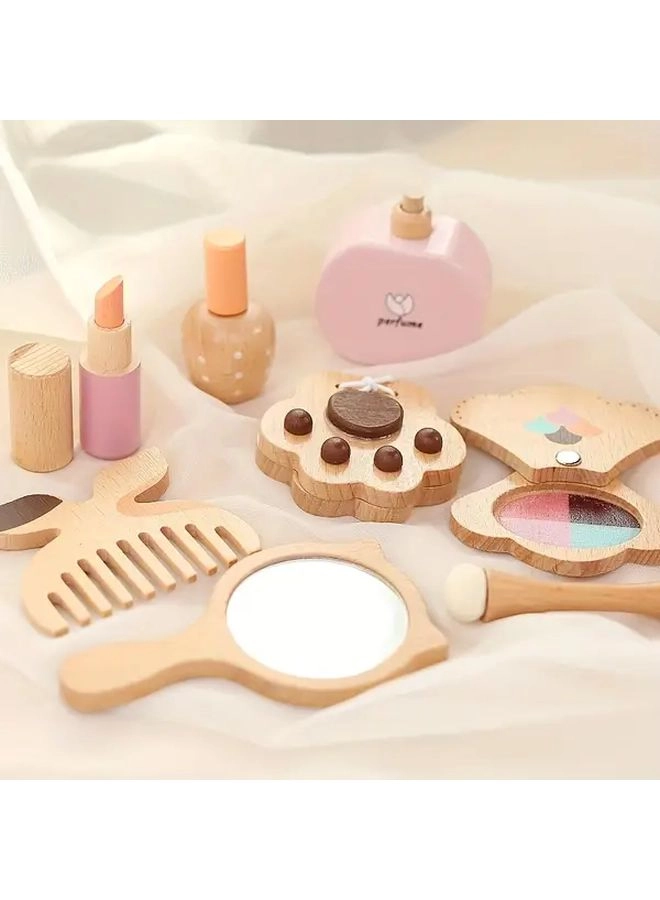 Generic Wooden Makeup Bag Pretend Play Cosmetic Set - Non-Toxic Includes Lipstick Perfume Eyeshadow