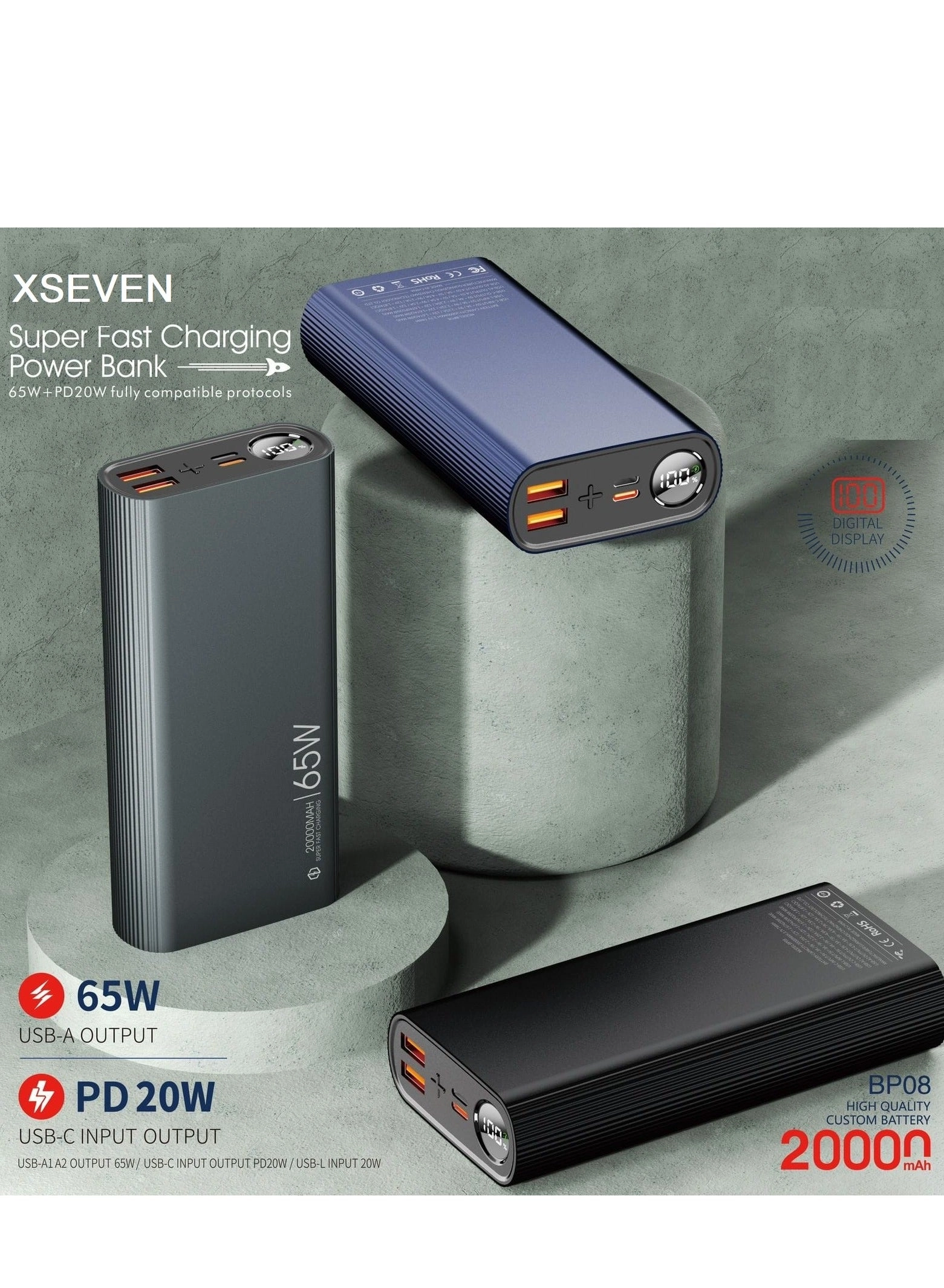 XPOWERBANK - 20000 mAh 65 W Dual QC65W USB-A Ports PD20W USB-C