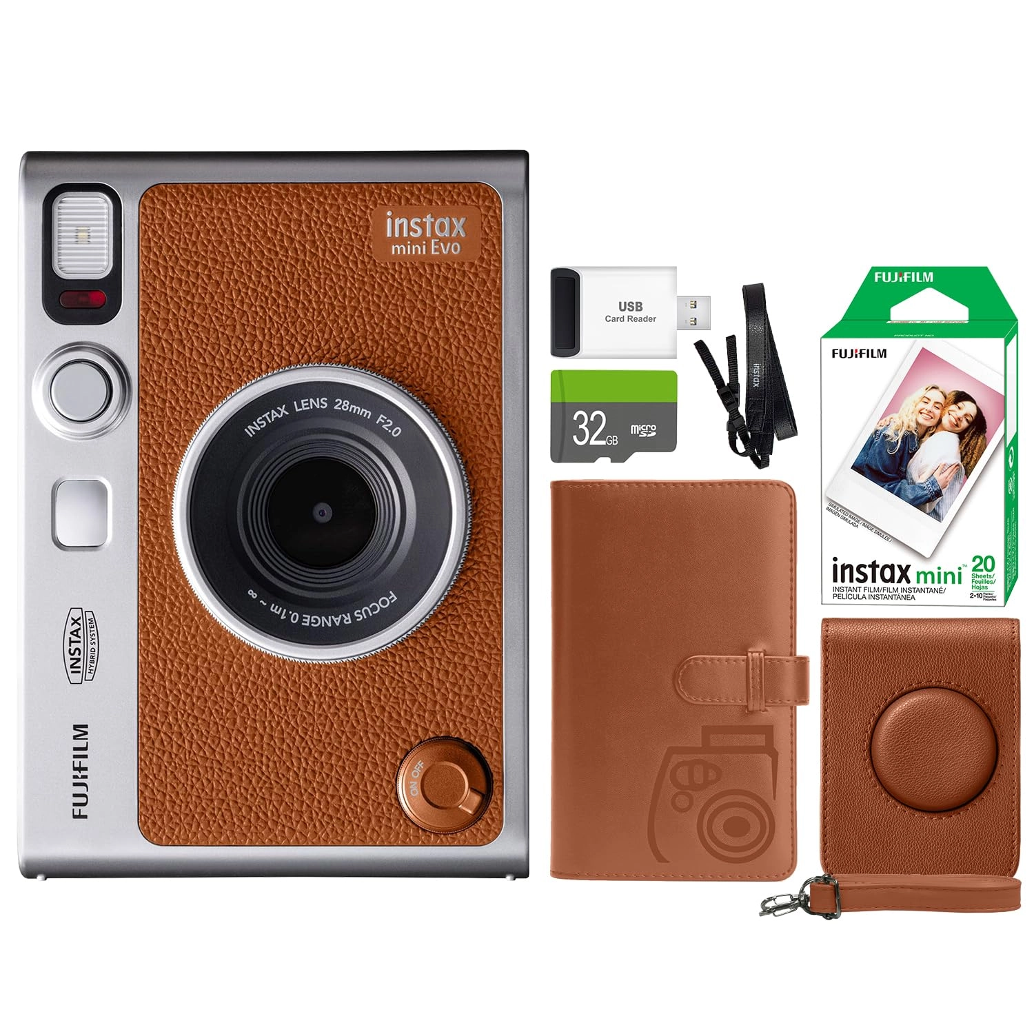 Instax Mini EVO - Brown + Instax Mini Instant Film Sheets - 60 Sheets + microSD Memory Card - 32GB + Small Padded Carrying Case + SD Card Reader + Microfiber Cleaning Cloth