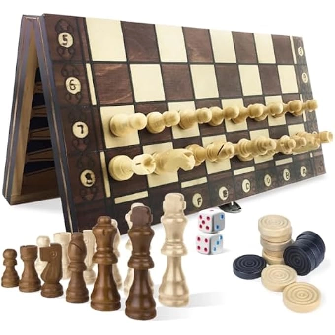 rayihni MAGNETIC CHESS, CHECKERS AND BACKGAMMON 3-IN-1 SET - WOODEN PORTABLE FOLDABLE