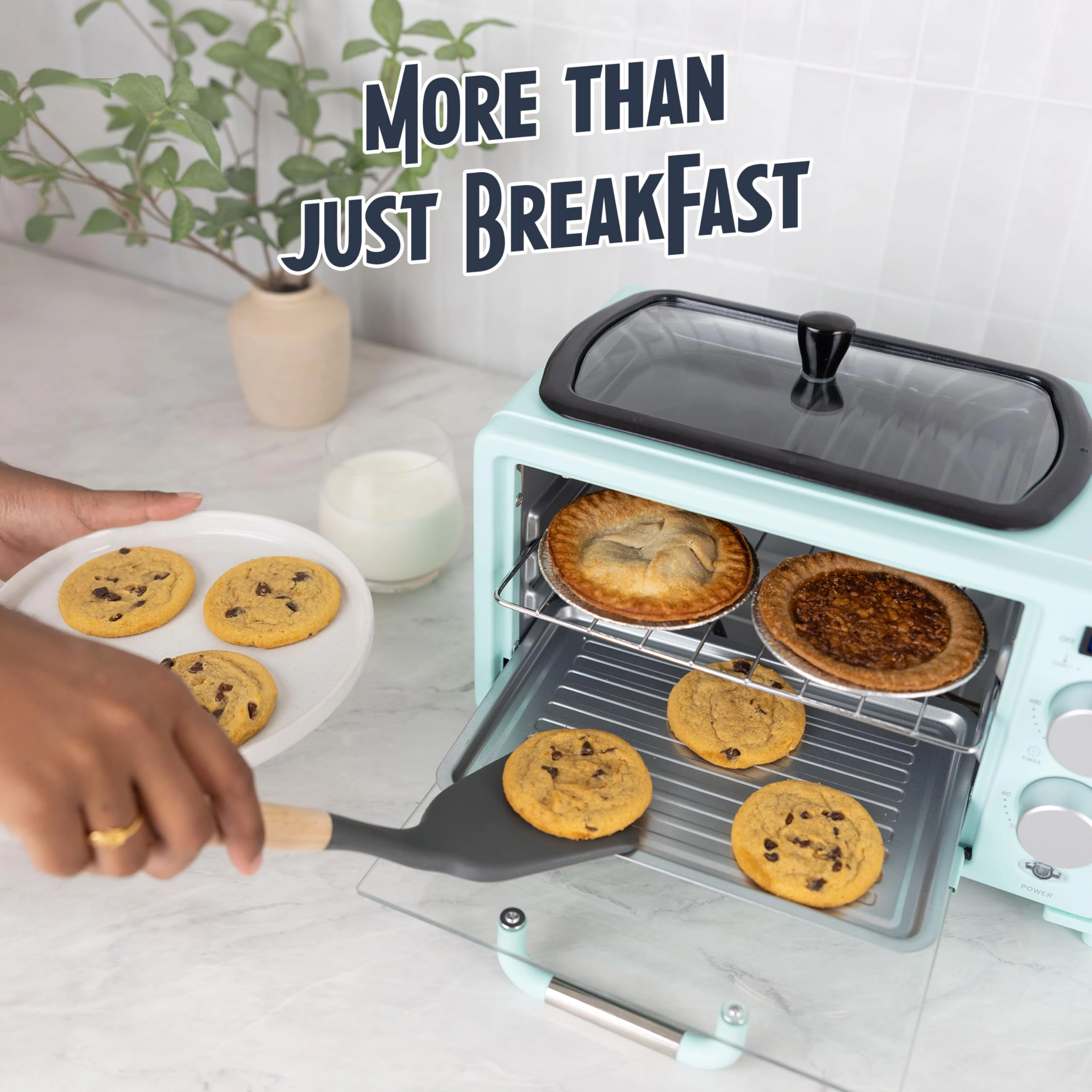 3-in-1 Retro Breakfast Station - 5 Cups Non-Stick Ceramic Griddle 4-Slice Toaster Oven