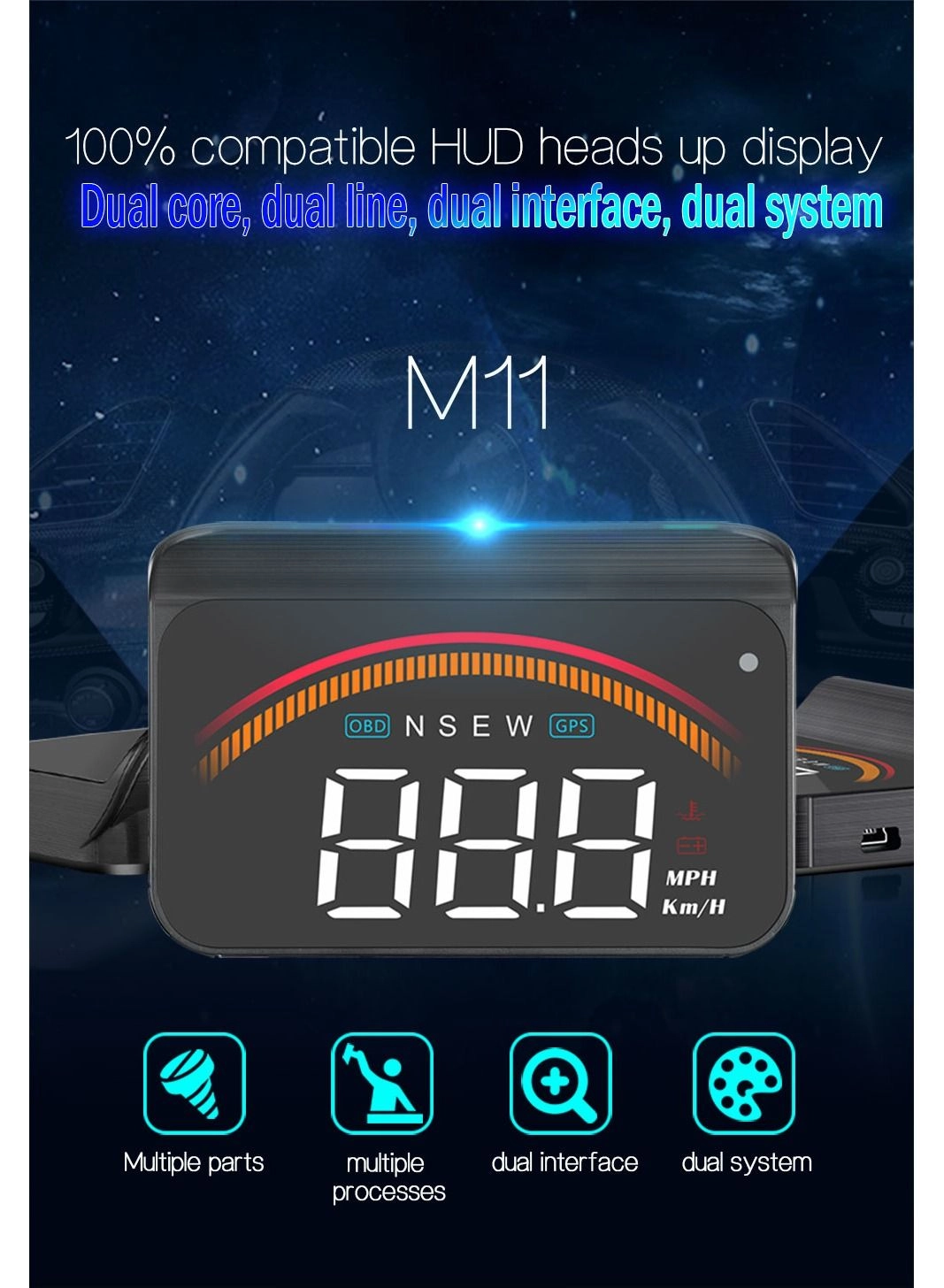 Head Up Display (HUD) Vehicle Speed Meter - Dual Mode OBD & GPS Color HD LED