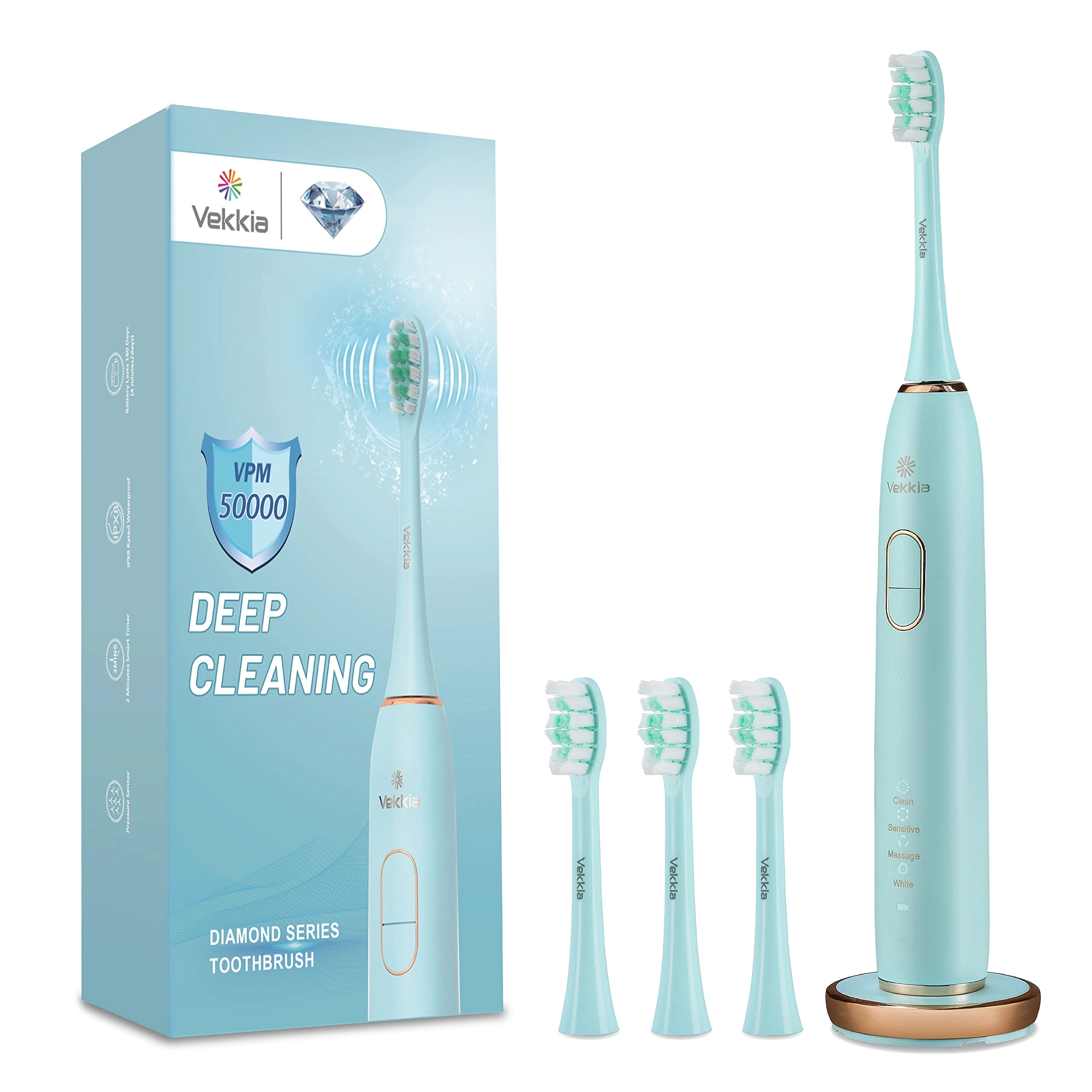 Vekkia Electric Toothbrush - Sonic Rechargeable 4 Brush Heads