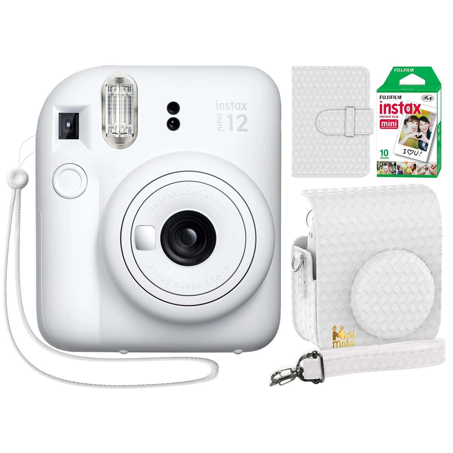 Instax Mini 12 - Clay White + Carrying Case + Instax Mini Film - 40 Sheets + Photo Album - 64 Pockets