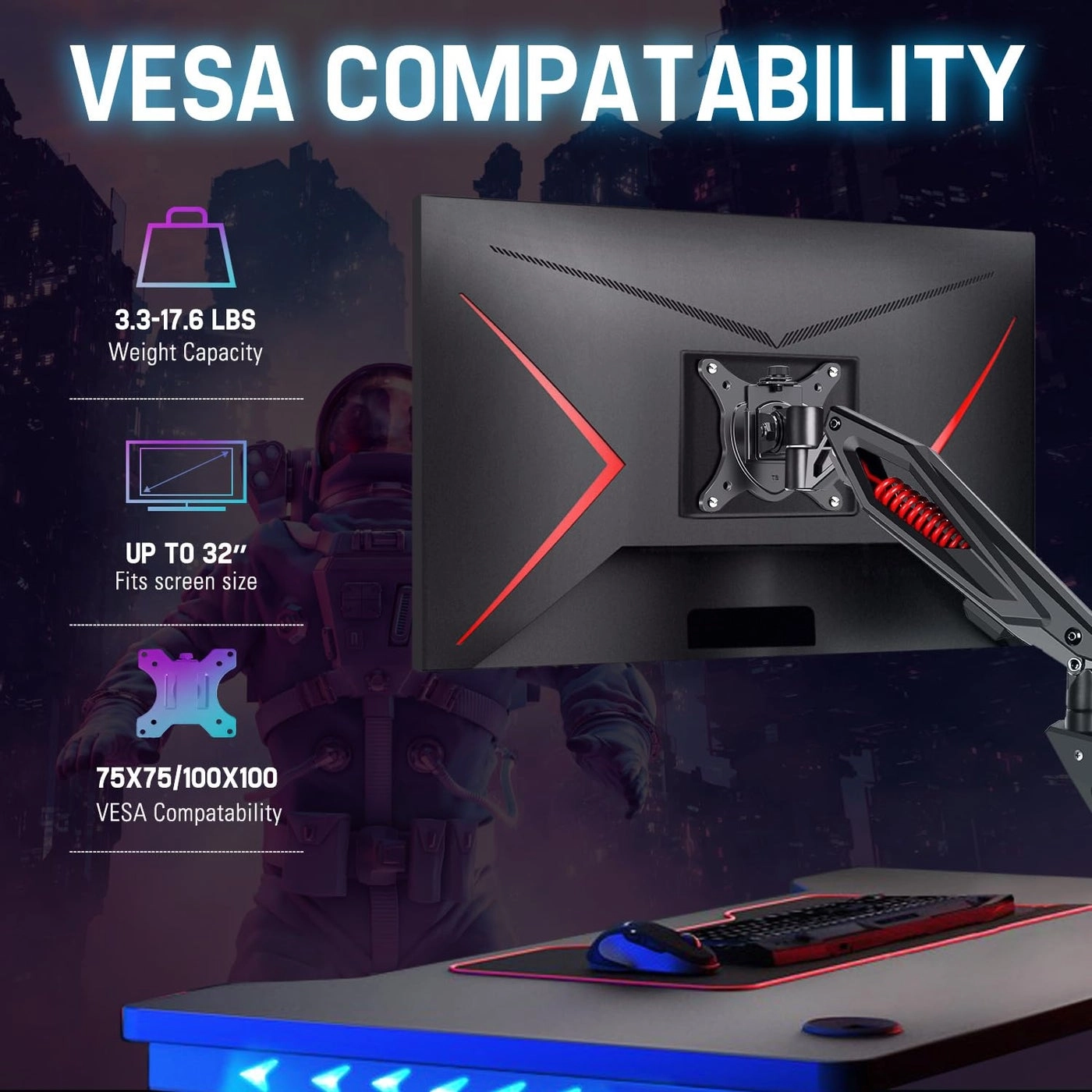Single Gaming Monitor Stand - 32â€ VESA 75x75, 100x100