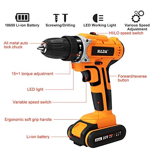 Cordless Drill + Cordless Screwdriver - 21V + Li-Ion Battery - 1300mAh + Drill Chuck - 10 mm
