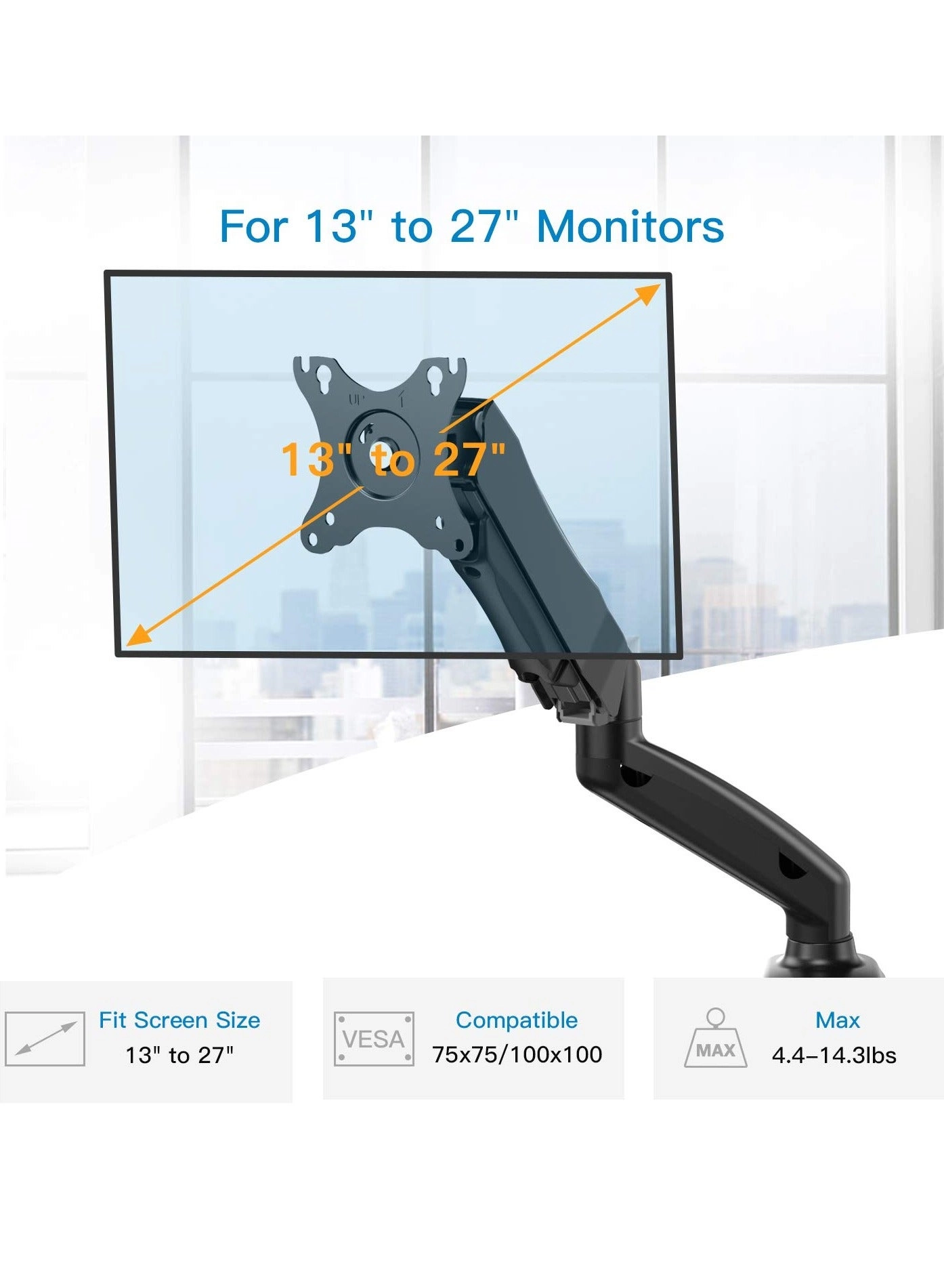 Monitor Mount Arm - Single 20 to 32 inches 75x75mm and 100x100mm