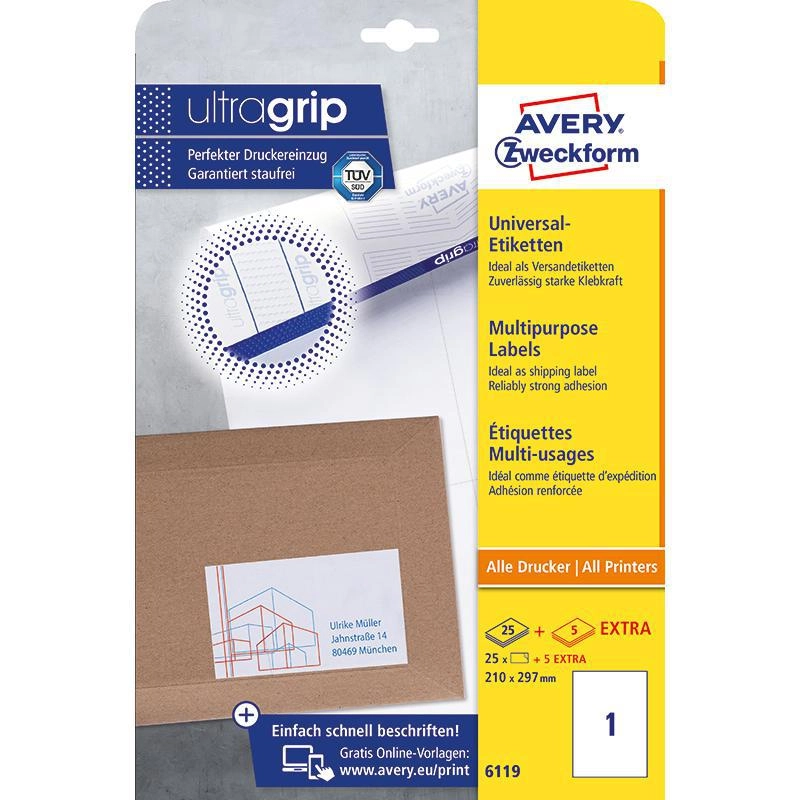 Avery UltraGrip Multipurpose Labels - 1 Labels/Sheet, 25 Sheets/Pack 210 mm X 297 mm