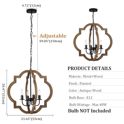Farmhouse Wood Chandelier - 59.05 inches adjustable chain