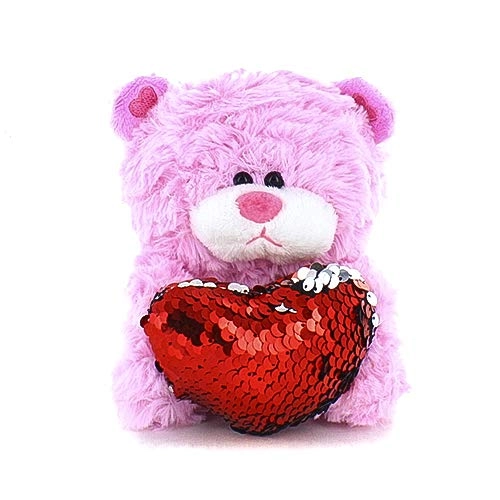 Plushland Qbeba Teddy Bear - 6 Inches Pink Red Sequin Heart