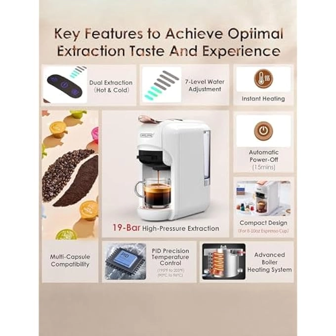5-in-1 Automatic Capsule Coffee Machine - Hot & Cold, 7-Level LED, Multi-Capsule Compatible