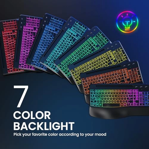 VEILZOR Wireless Keyboard with Wrist Rest, 2.4G Wireless Ergonomic Keyboard, 7-Color & 3 RGB Backlit Modes, Phone/Tablet Holder, Rechargeable Computer Keyboard for Windows, Mac, Computer, PC