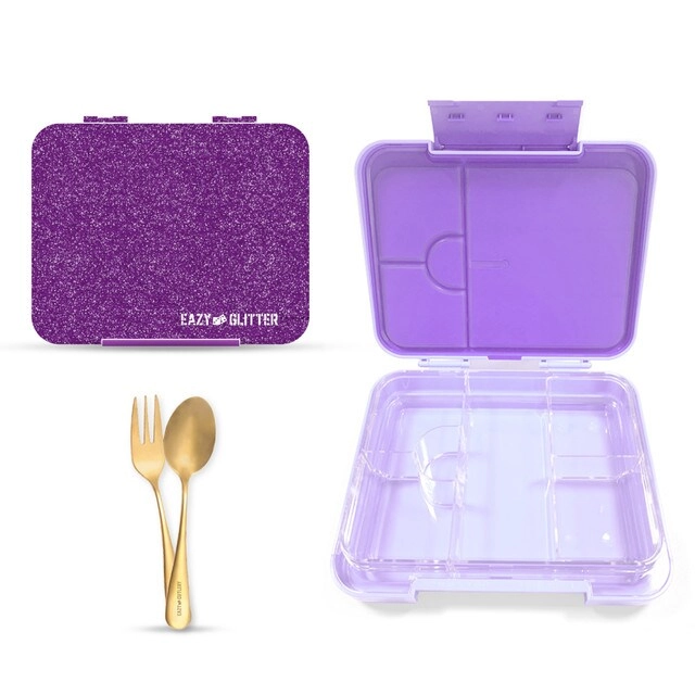 Bento Lunch Box - Convertible 4/6 + Water Bottle - 550ml Double Wall + Spoon - Golden + Fork - Golden + Cutlery Bag