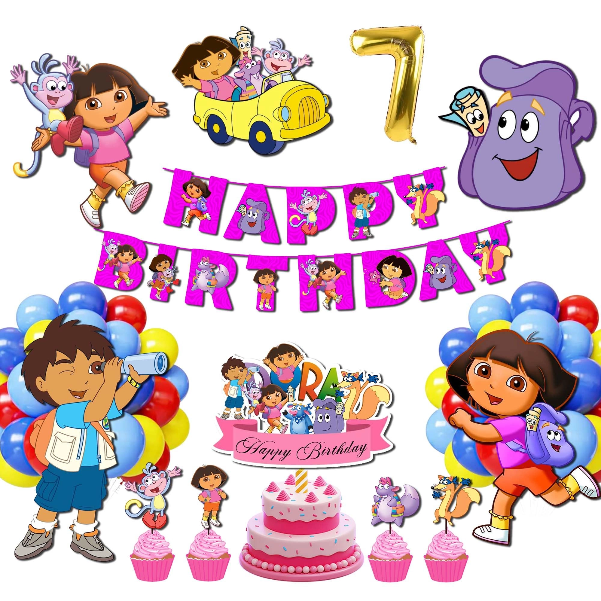Name: Party Joy/Number 6396748616/Customer Care Email: shivamrathore423@gmail.com Dora the Explorer Theme Birthday Decoration Kit - 1 Set Birthday