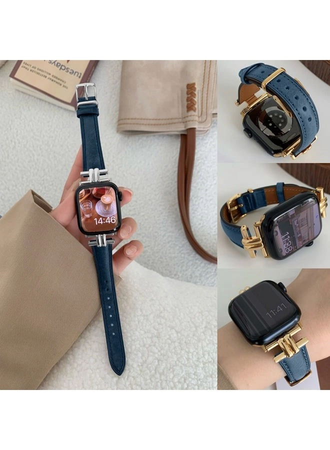 Leather Slim Band - 120mm+95mm Genuine Leather Blue Silver-Buckle