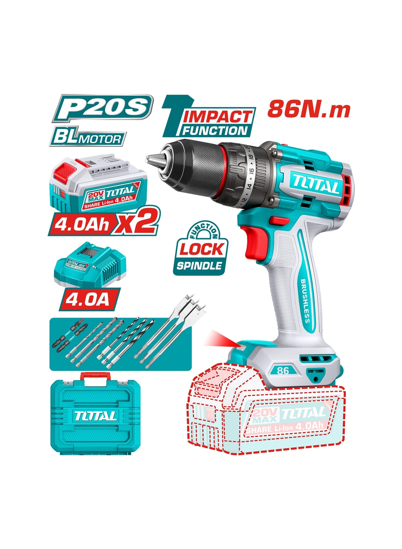 Brushless Cordless Impact Drill - 2x4.0Ah