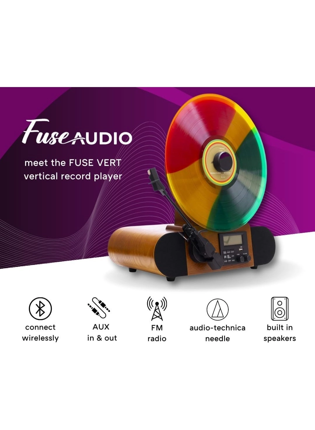 Vert - Vertical Vinyl Record Player FM Radio Bluetooth