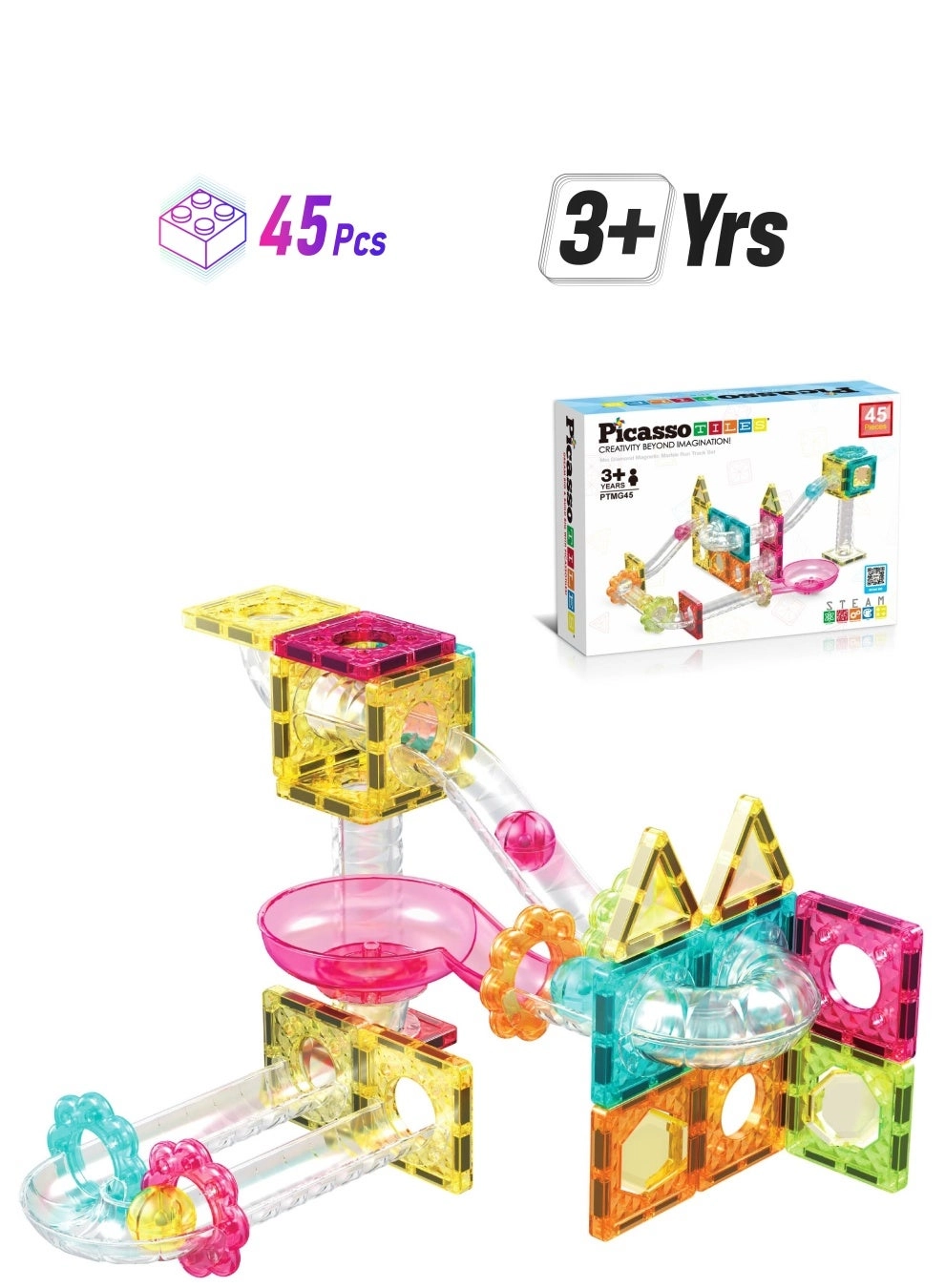 PicassoTiles Magnetic Mini Diamond Marble Run Track Set - 45 pcs