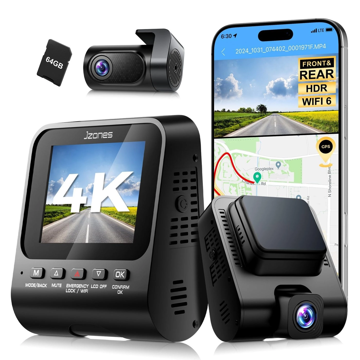 Jzones Dash Cam Front and Rear - 4K+1080P FHD