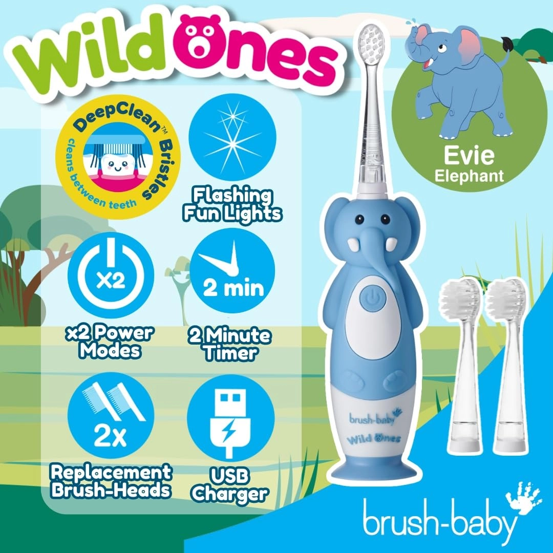 Kids Electric Rechargeable Toothbrush - Elephant 3 Brush Heads USB Charging