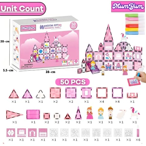 Princess Castle Magnetic Tiles Set - 2 Princes 1 Princess 1 Unicorn 1 Rabbit 50pcs