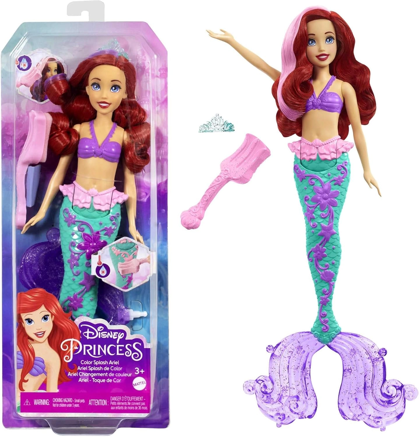 Mattel Ariel Swimming Mermaid Doll - Color-change hair and tail Includes seahorse friend