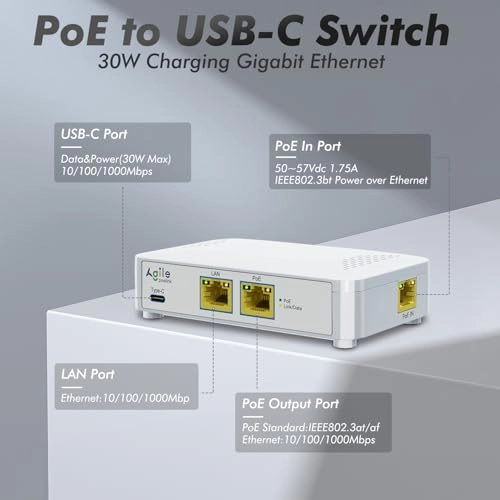 PoE to USB C Switch - 60W 802.3af/at 1000 Megabits Per Second