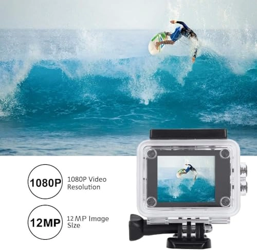 1080P Action Camera, 12MP 2.0 Inch Sports Full HD Action Cam 30m/98ft Underwater Waterproof Cam Underwater Video Cam High Definition Action Cam with Mounting Accessories Kit