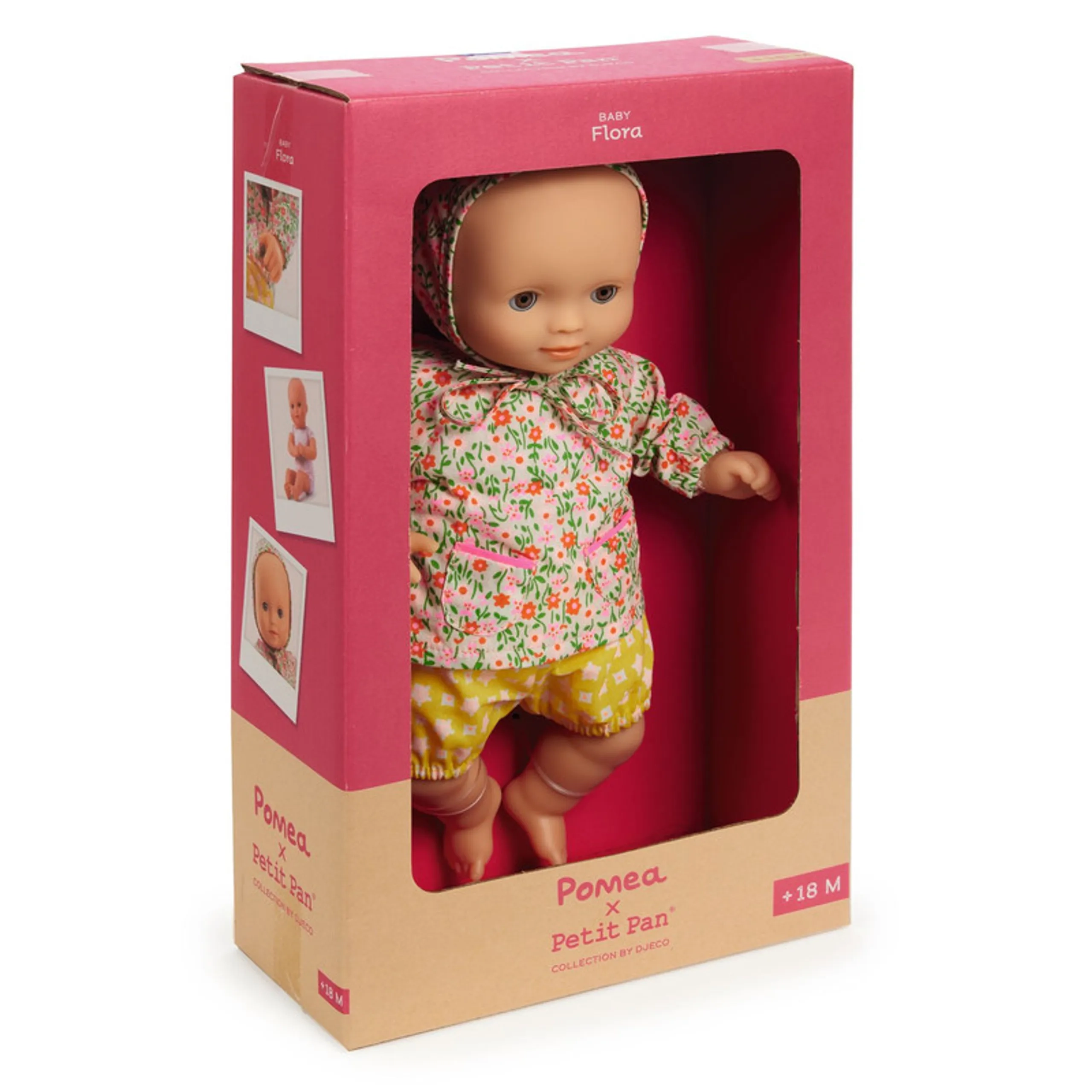 DJECO Baby Flora Baby Doll - 32 cm fabric torso vinyl limbs PETIT PAN outfit Ages 18 months+