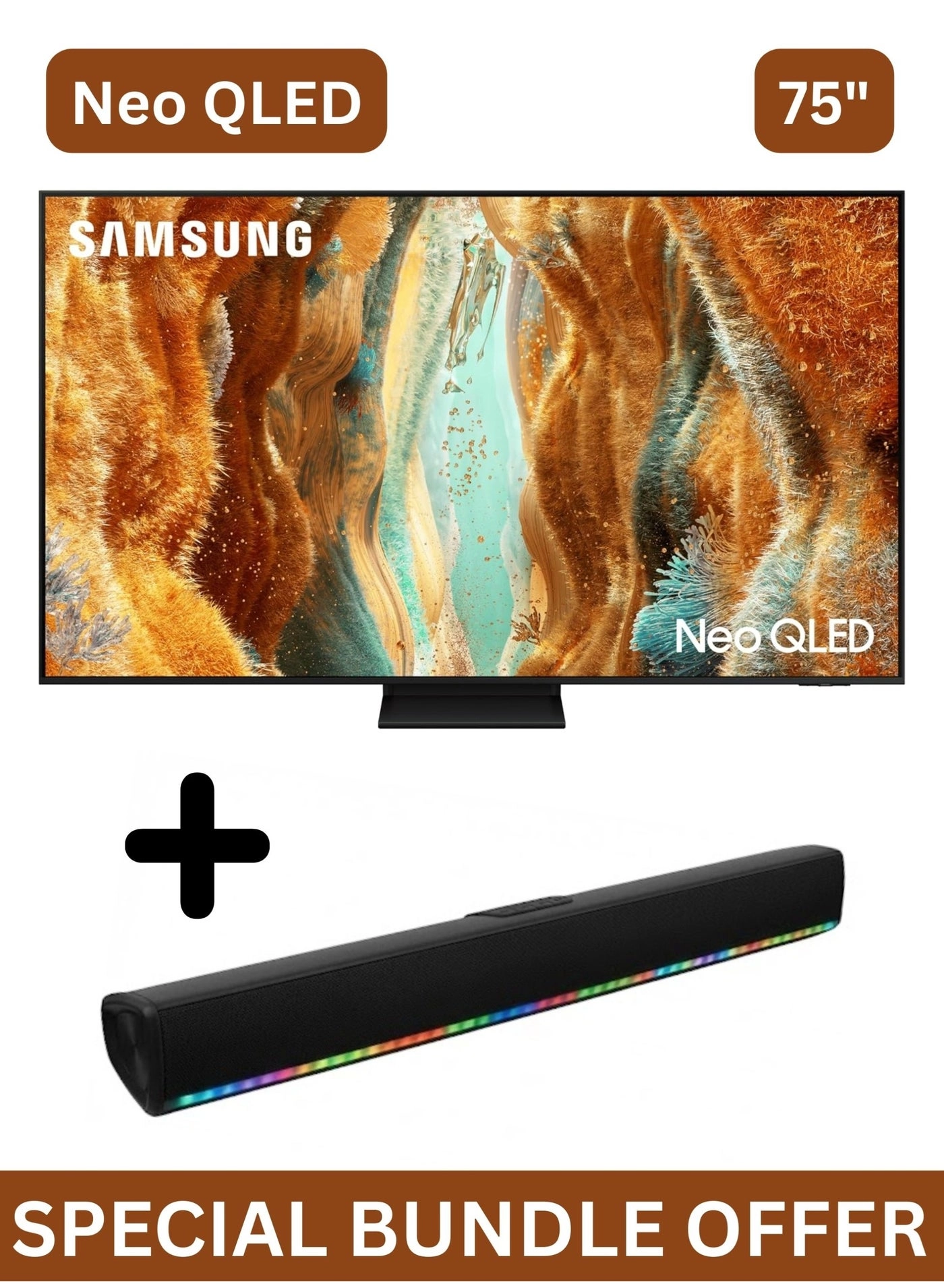 Samsung TV 75QN70F 75" + 2.0 Channel Portable Soundbar With Built In Battery & LED Lights