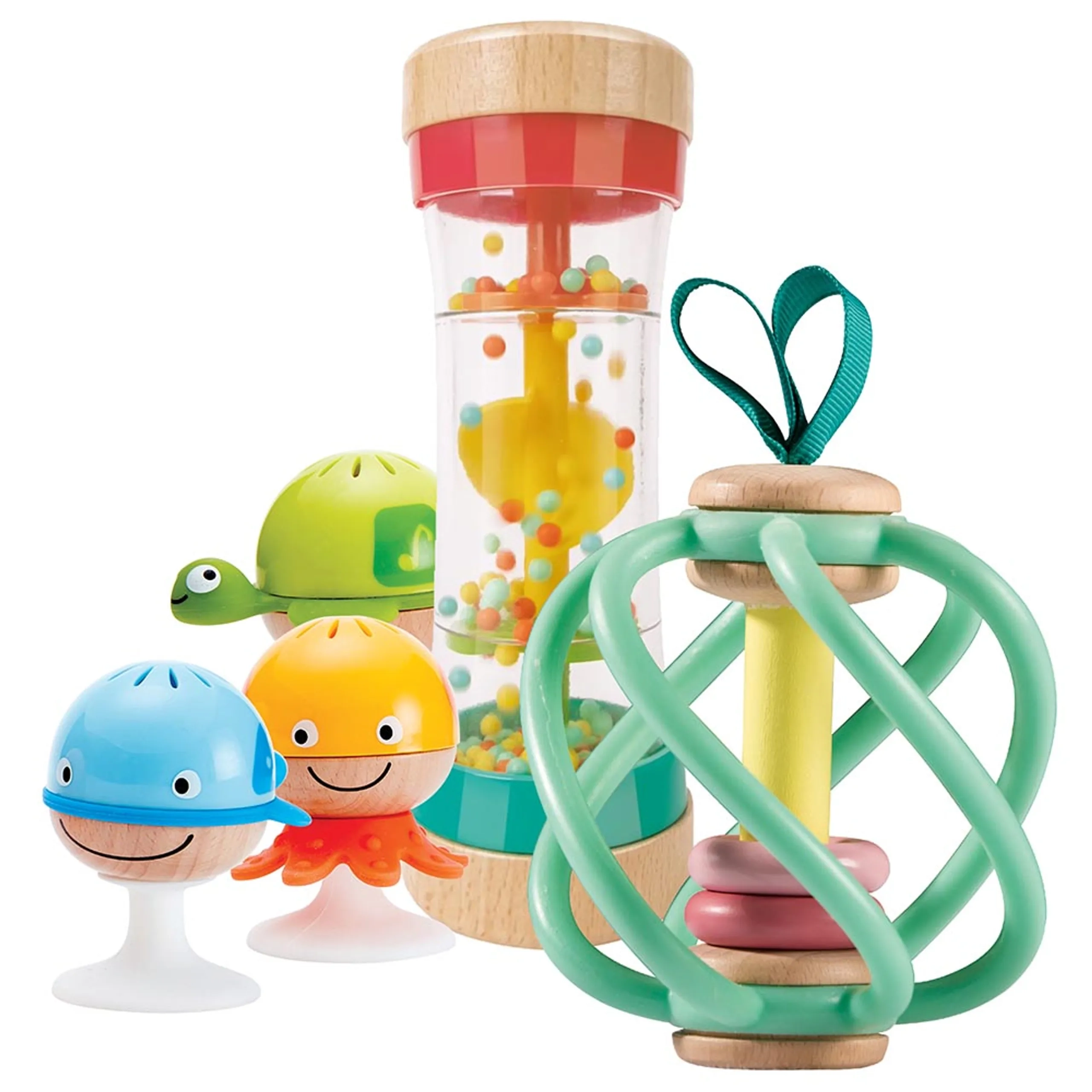 Hape Stay-Put Rattle Set + Apple Grab Toy + Beaded Raindrops / Rainbow