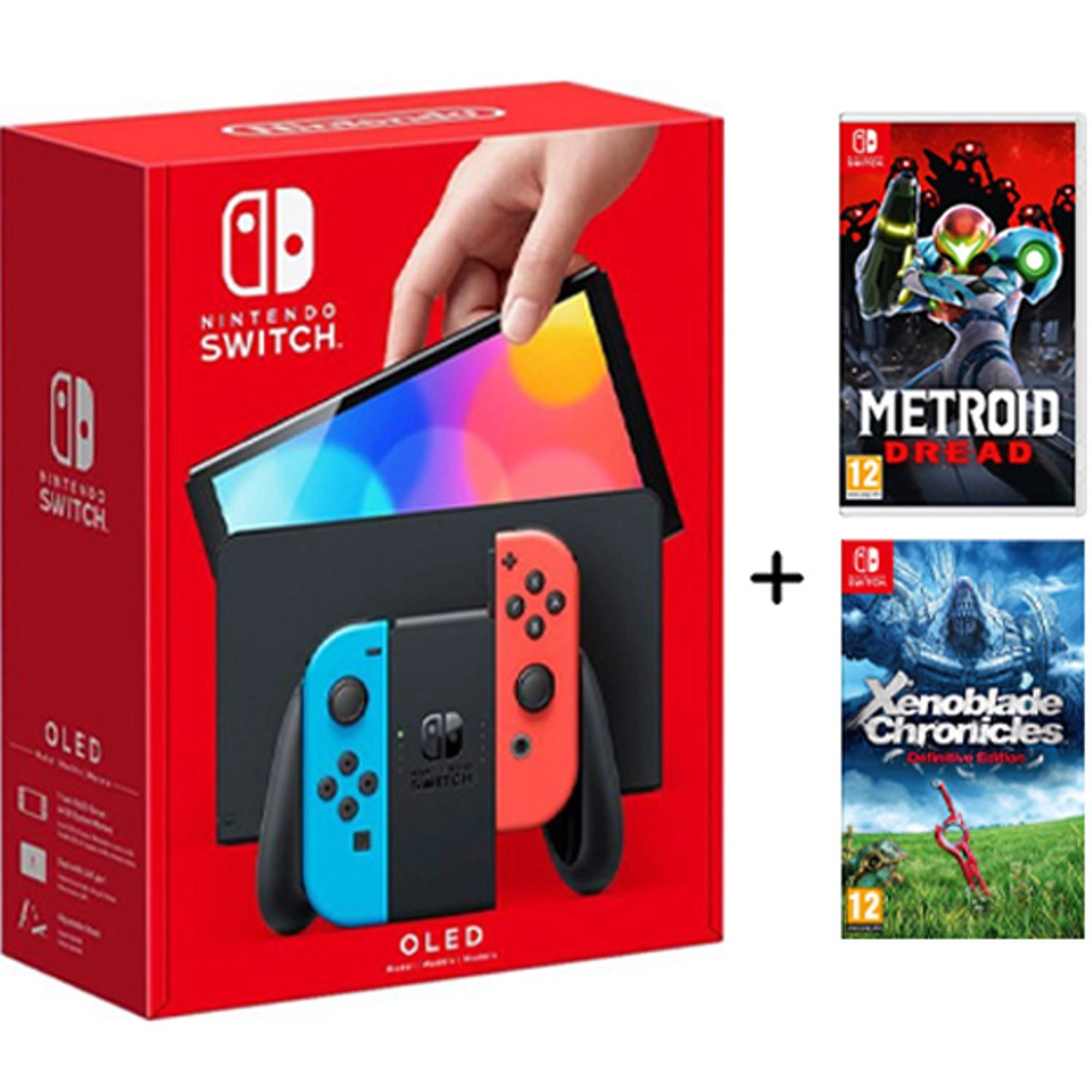 Switch OLED Gaming Console - Neon Red/Neon Blue + Metroid Dread + Xenoblade Chronicles