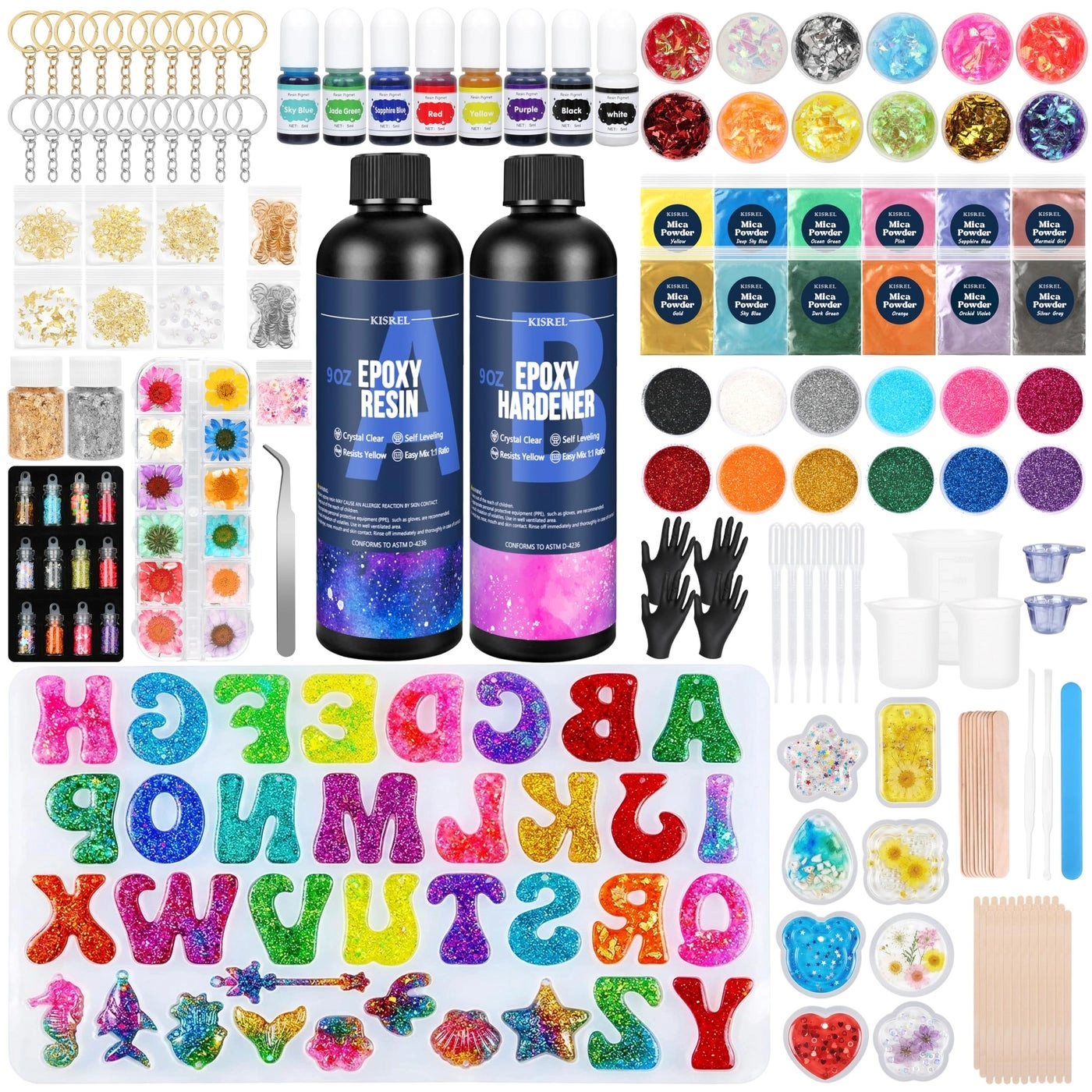 KISREL Epoxy Resin - 18oz Clear 2 Part + Silicone Alphabet Resin molds + Jewelry Making Kits