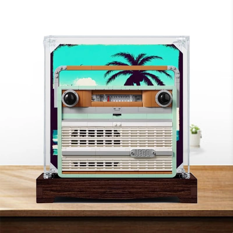 Clear Acrylic Display Case for Lego Icons 10334 - 25x15x30cm Acrylic Walnut Bottom+background