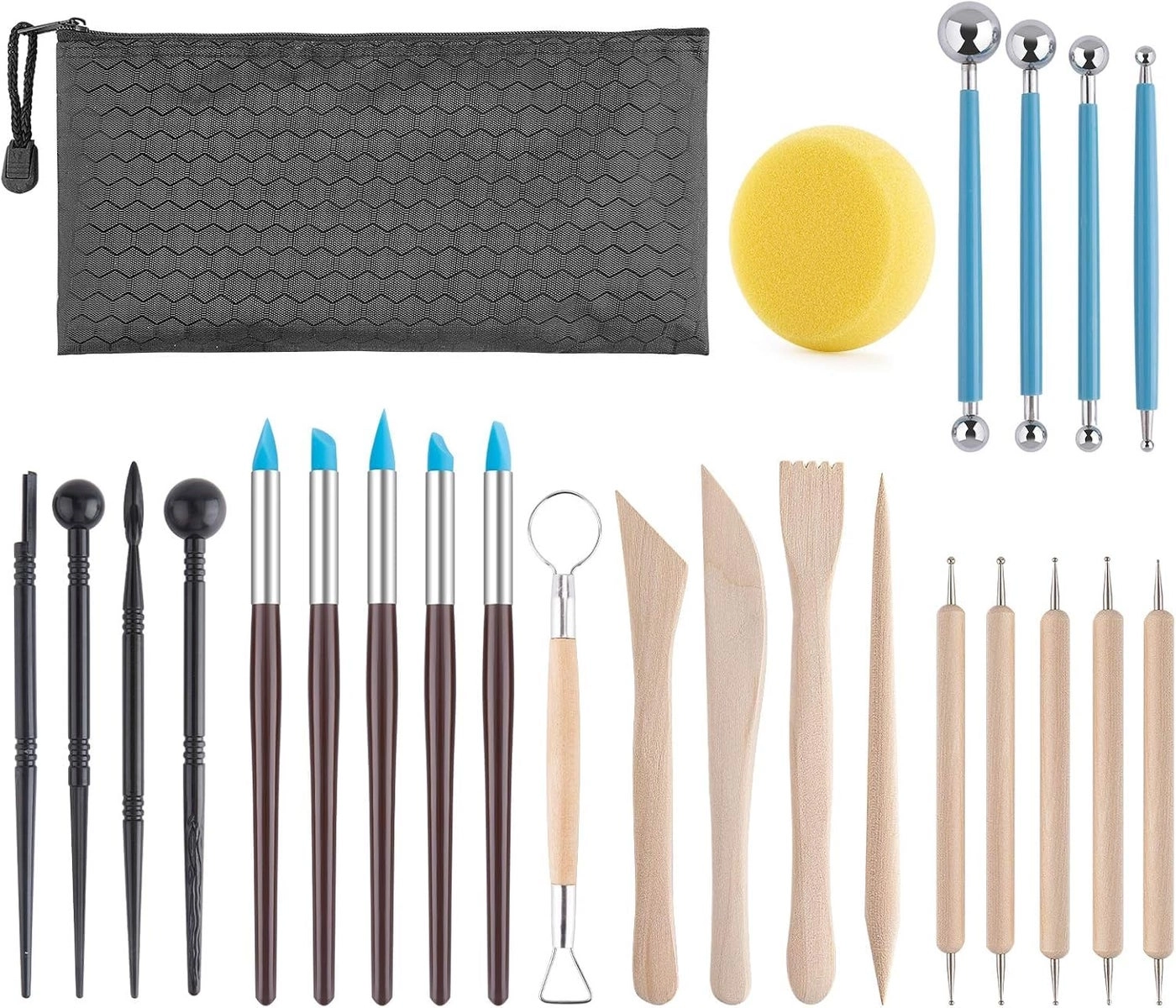 INOG Clay Tools Kit - metal head wooden handle and plastic 25 PCS
